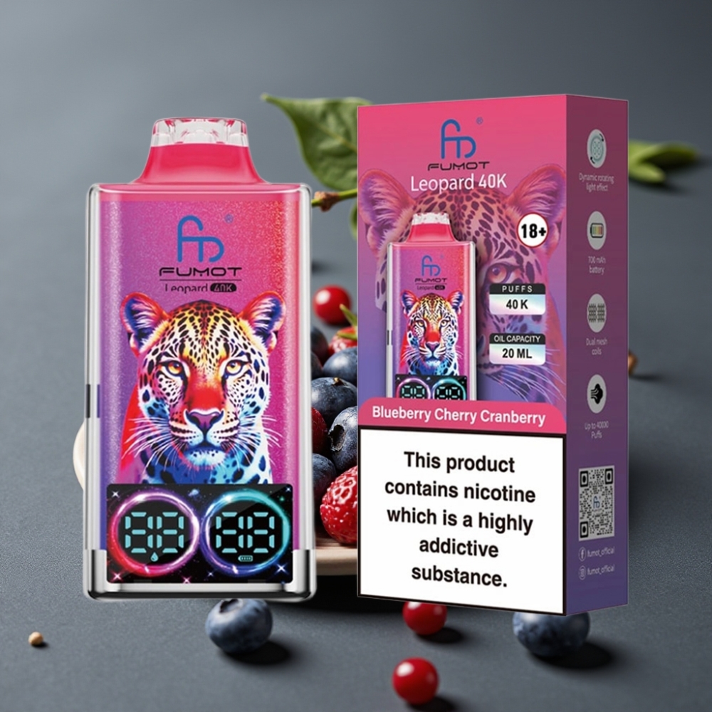 Fumot Leopard 40K Puffs Enkratna Vape Borovnica Češnja Brusnica, 5% Nikotin, Dual Mesh