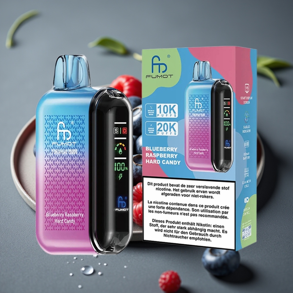 Fumot Tornado 20000 Puffs Enkratna Vape Borovnica Malina Trdi Bonboni z Dual Mesh Coil in Smart Display