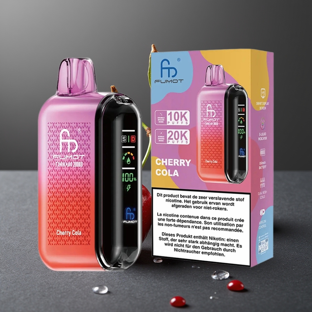 Fumot Tornado 20000 Puffs Enkratna Vape Češnjeva Kola z Dual Mesh Coil in Smart Display