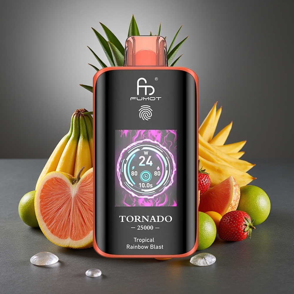 Fumot Tornado 25000 Puffs Tropska Mavrična Eksplozija z HD zaslonom in 700mAh baterijo