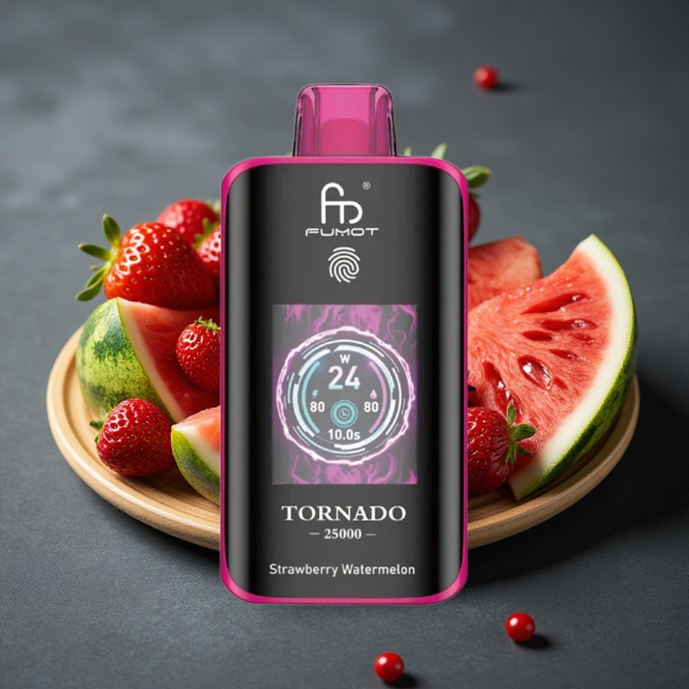Fumot Tornado 25000 Puffs Zamenljiv Vape Jagoda Lubenica z HD zaslonom in 700mAh baterijo