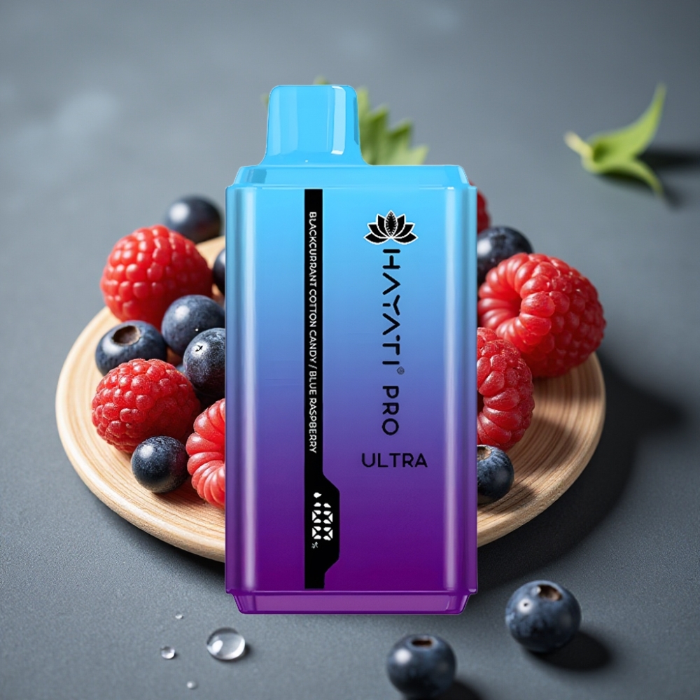 Hayati Pro Ultra 15000 Puffs Enkratna Vape Črni ribez Bombažni bonbon Modri malina 2×12ml